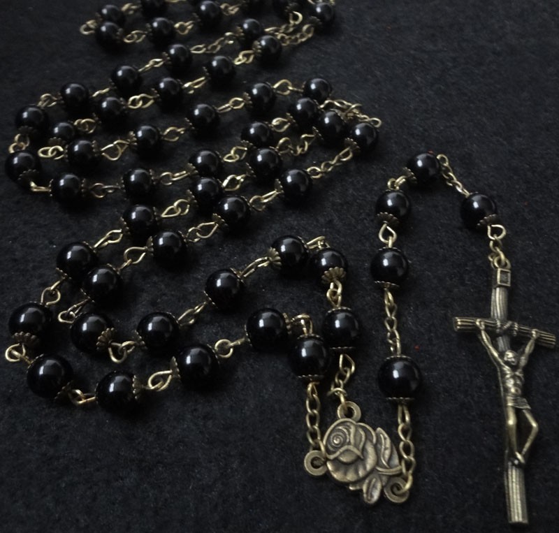 礼品赠品花托古青铜欧美黑珠复古十字架祈祷念珠项链