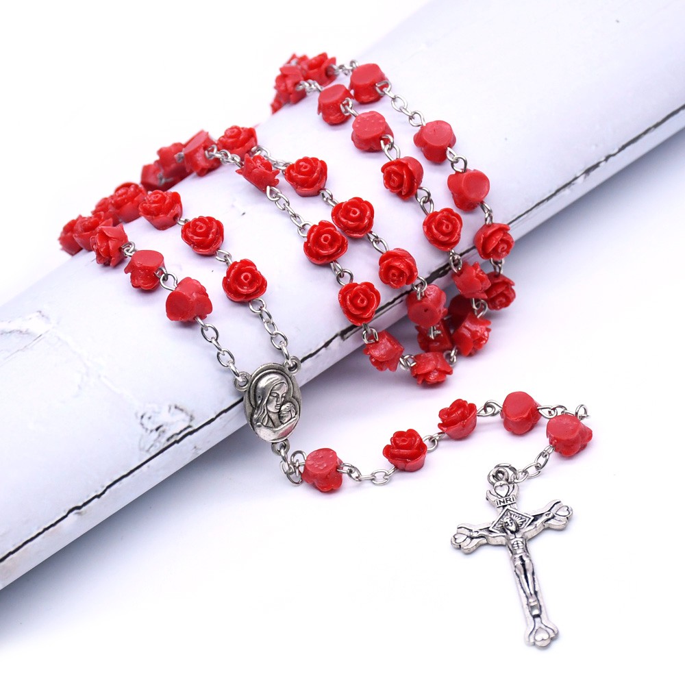 婚礼祈祷珠玫瑰花念珠项链玛丽亚十字架洗礼珠　电商跨境饰品