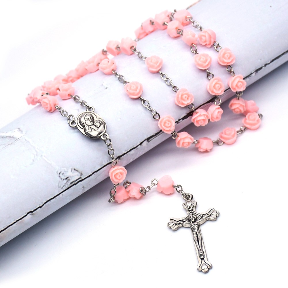 婚礼祈祷珠玫瑰花念珠项链玛丽亚十字架洗礼珠　电商跨境饰品