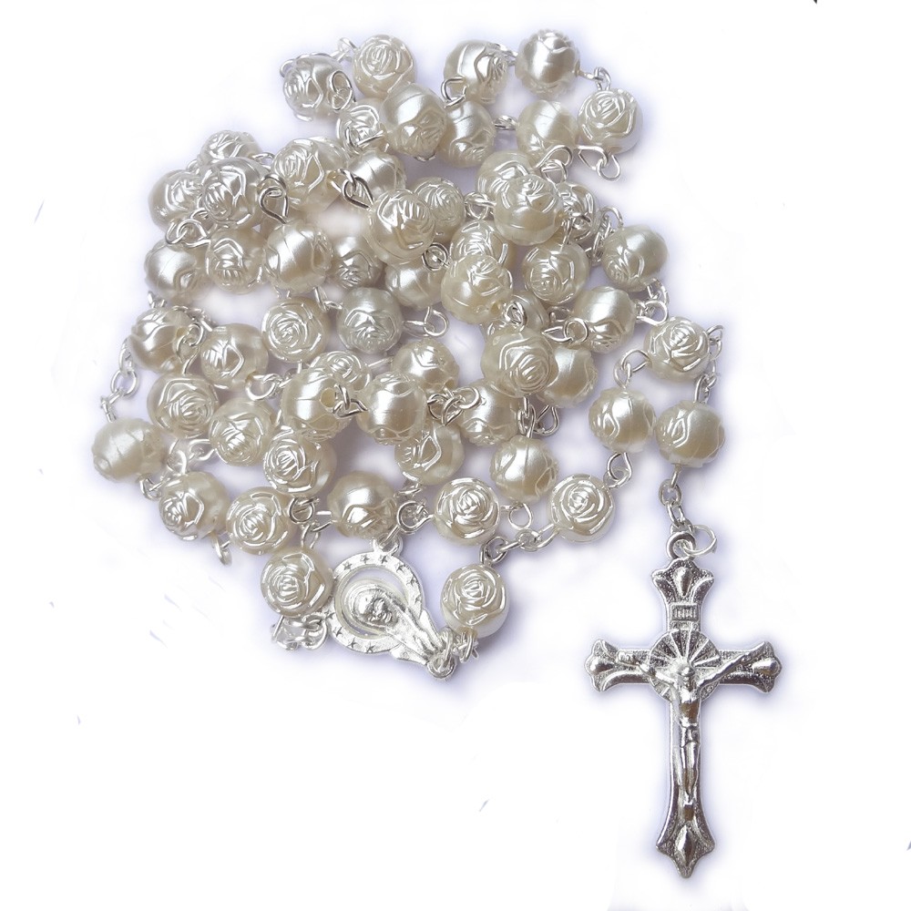 8mm白珍珠玫瑰珠念珠十字架项链礼品赠品毛衣链