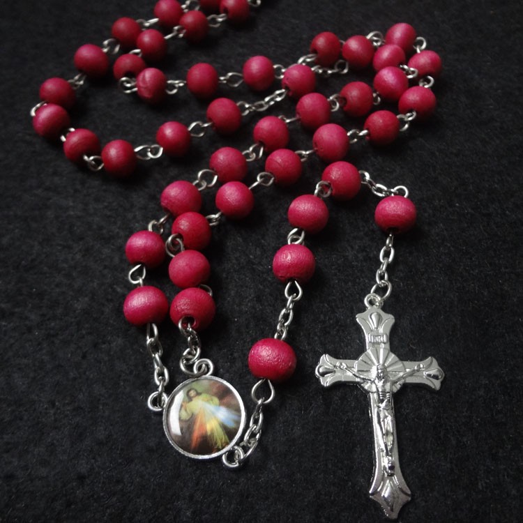 AMAZON跨境外贸饰品 酒红十字架红木珠念珠项鏈 珠链