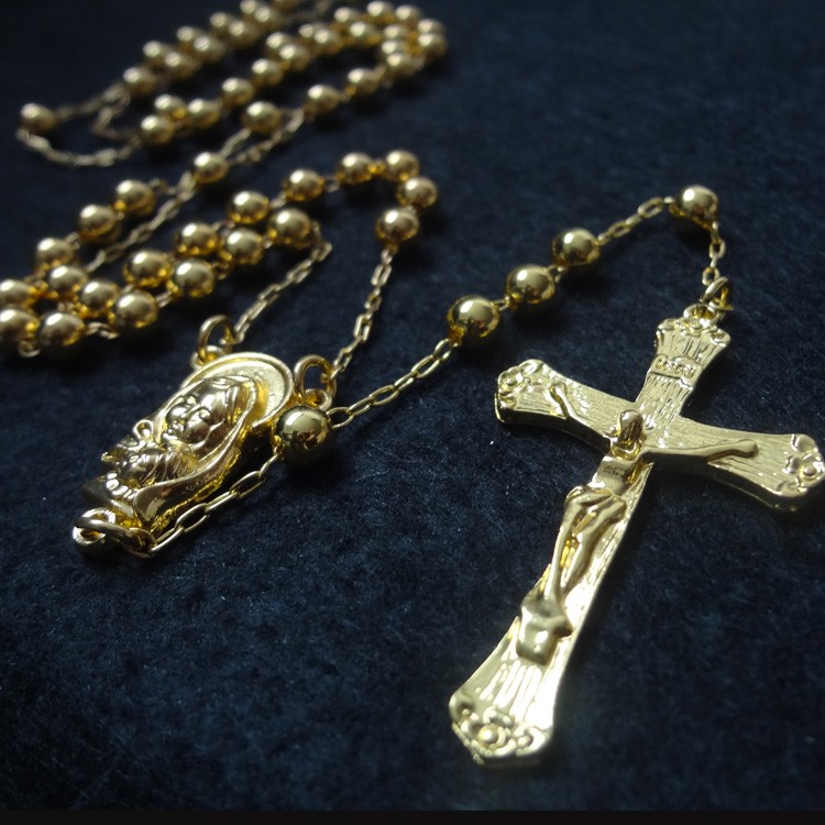镀18K金铜珠鏈天主教饰品圣母圣子基督念珠十字架项鏈