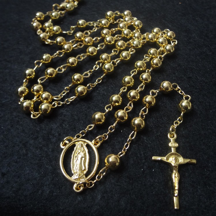 电镀18K金光面珠铜念珠十字架宗教饰品项鏈