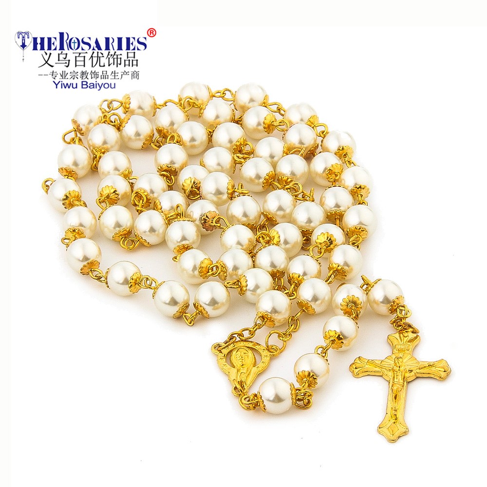 金+珍珠白十字架项链8mm金色珍珠念珠项链饰品十字架车挂用品