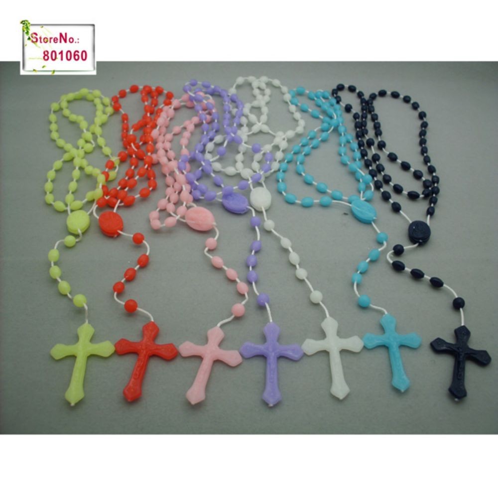 夜光十字架项链连线珠 塑料发光念珠项链(颜色随机，按12条倍数拍）