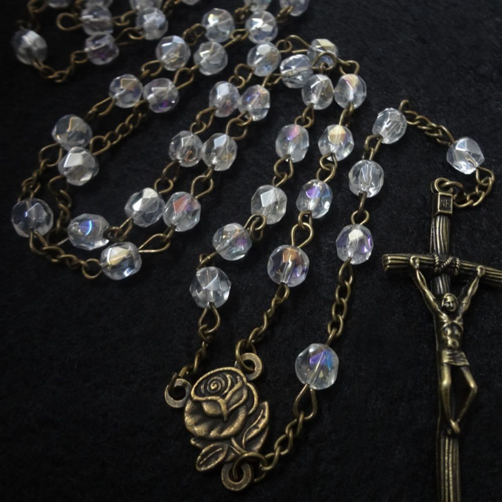订做款500条起圣诞赠品古青铜欧美复古十字架饰品水晶念珠项链