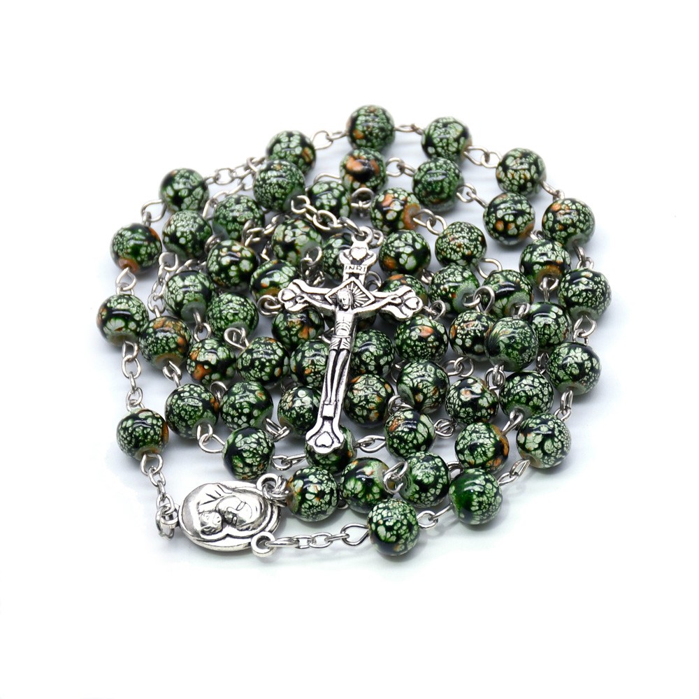 （绿色）Rosary念珠饰品项链仿陶瓷珠十字架项链祈祷珠