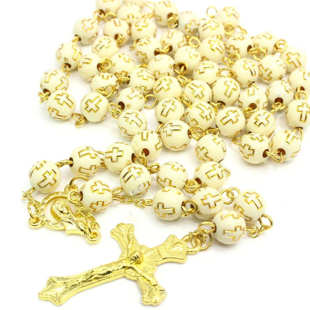 8mm（金色）十字珠祈祷念珠项链十字架礼品赠品  念珠项链十字架