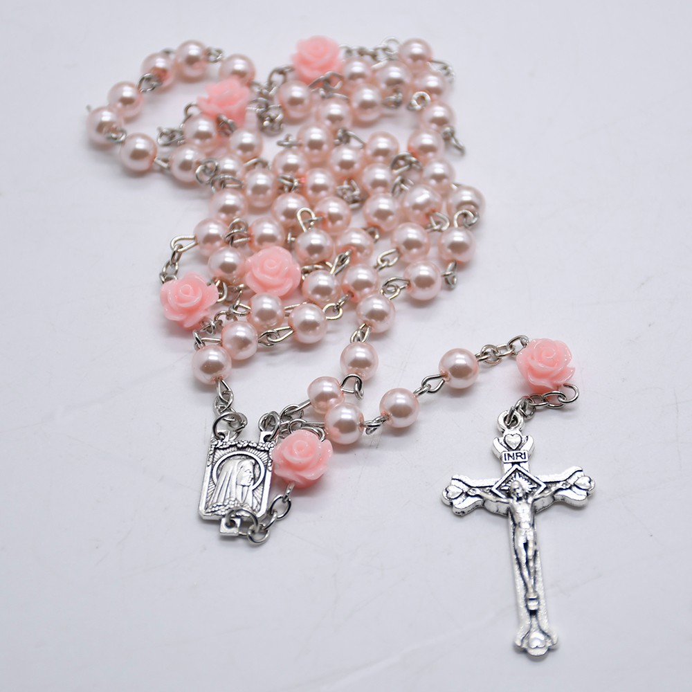 （粉色）6mm玫瑰花珍珠念珠项链十字架基督天主教饰品