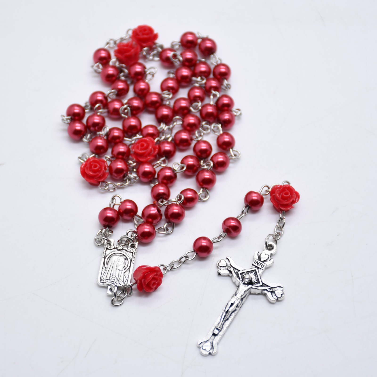 （红色）6mm玫瑰花珍珠念珠项链十字架基督天主教饰品