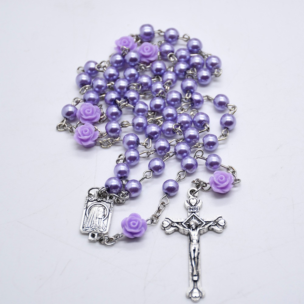 （紫色）6mm玫瑰花珍珠念珠项链十字架基督天主教饰品