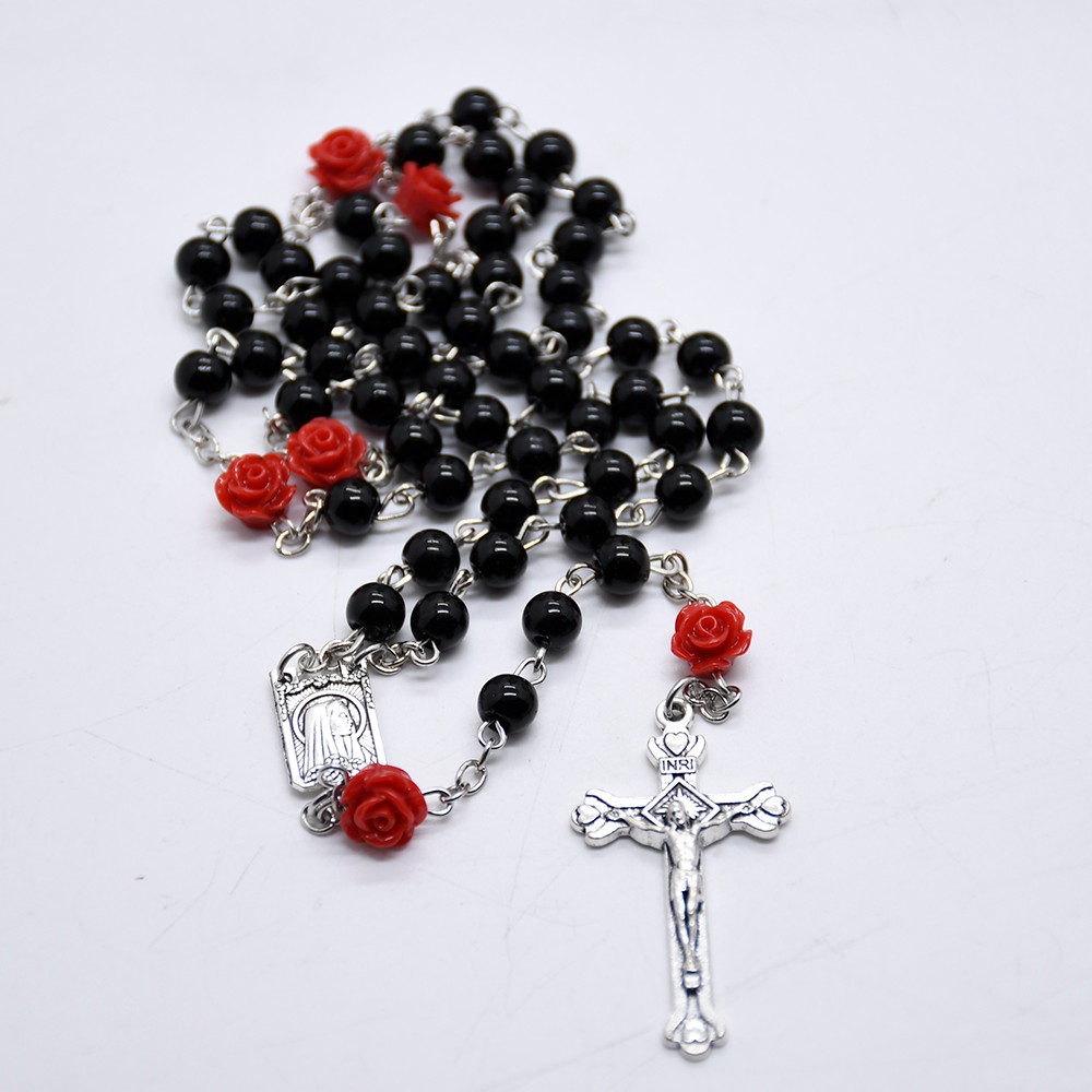 （黑色）6mm玫瑰花珍珠念珠项链十字架基督天主教饰品
