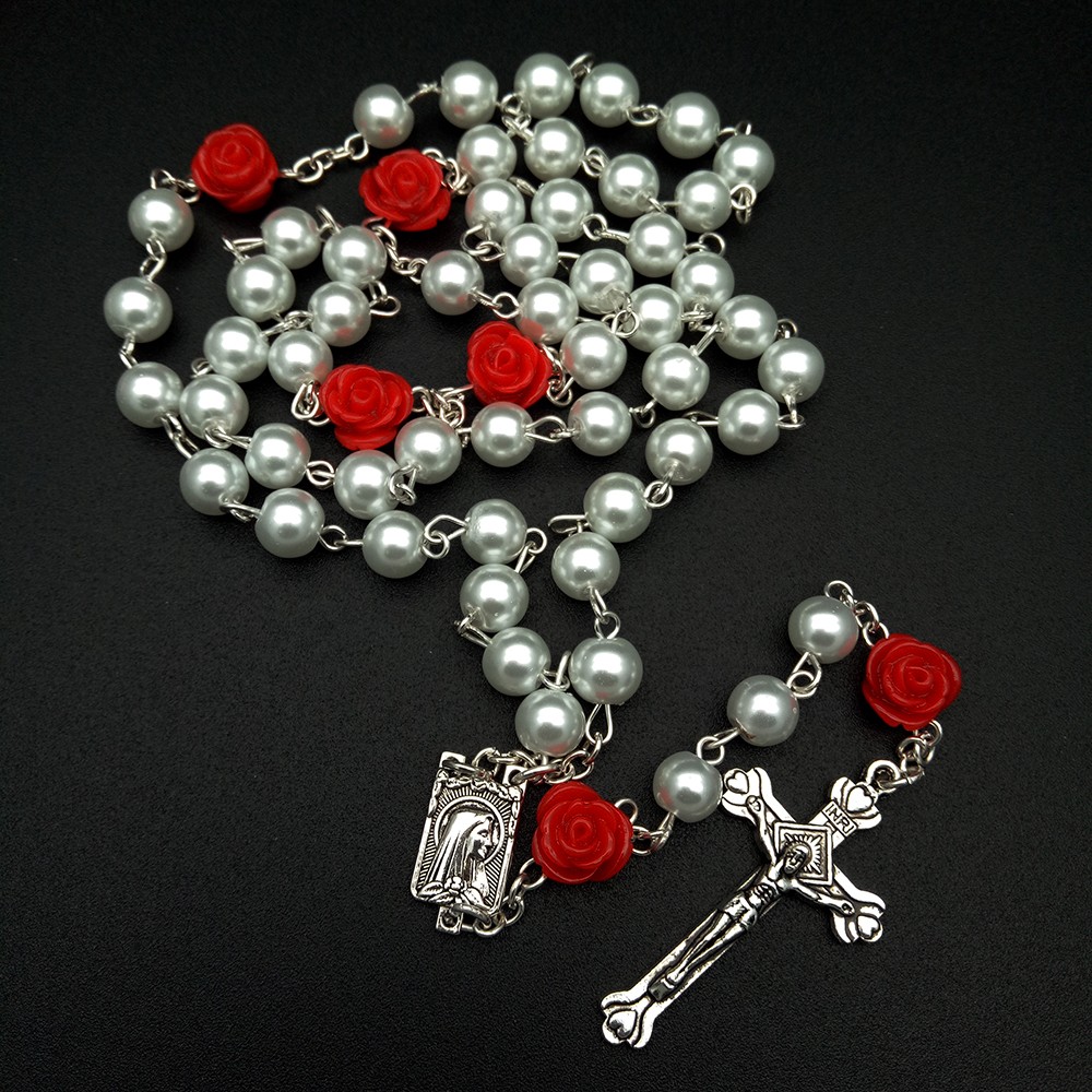 （白色）6mm玫瑰花珍珠十字架念珠项链59颗祈祷珠
