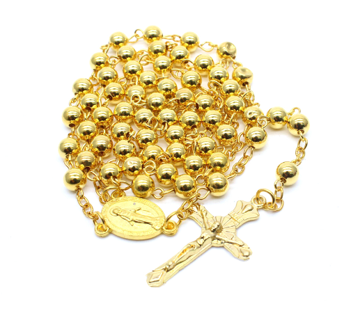 （金色）6mm铜珠念珠十字架项链祈祷珠十字架