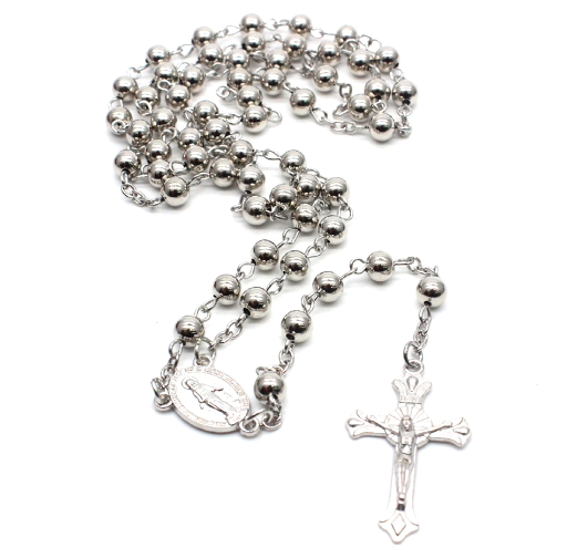 （白K银）6mm铜珠念珠十字架项链祈祷珠十字架