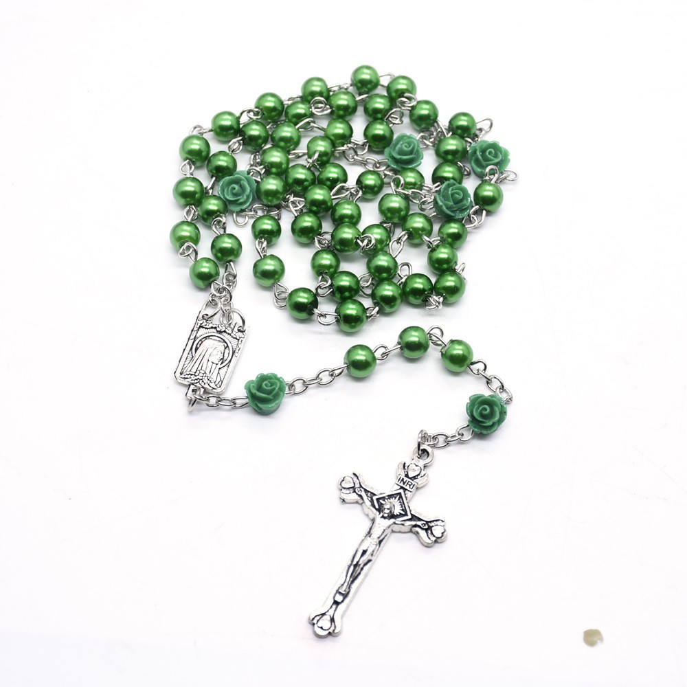 （绿色）6mm玫瑰花珍珠念珠项链十字架基督天主教饰品