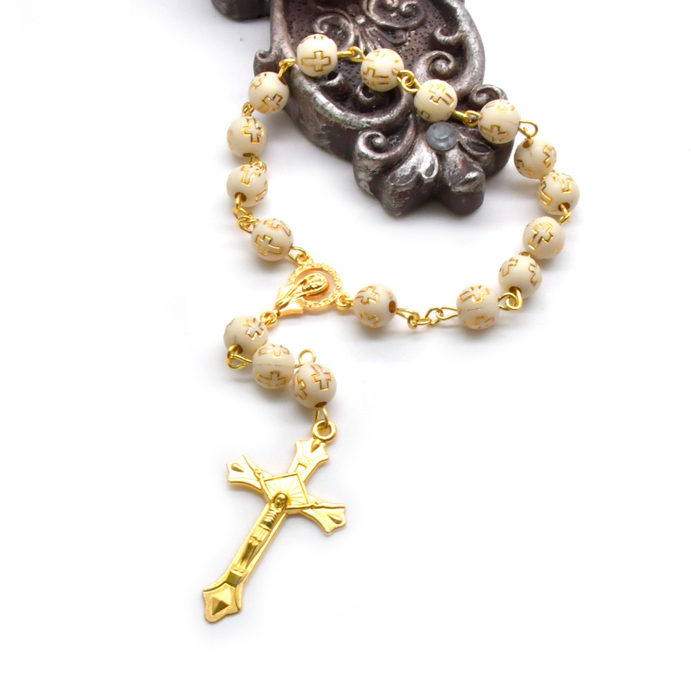 （金色）车挂十字珠念珠洗礼珠十字架手链Rosary bracelet