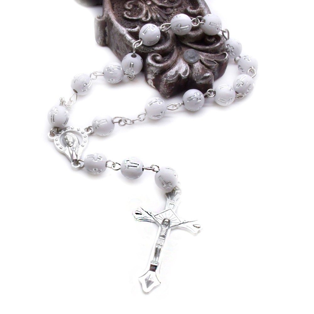 （银色白K）车挂十字珠念珠洗礼珠十字架手链Rosary bracelet