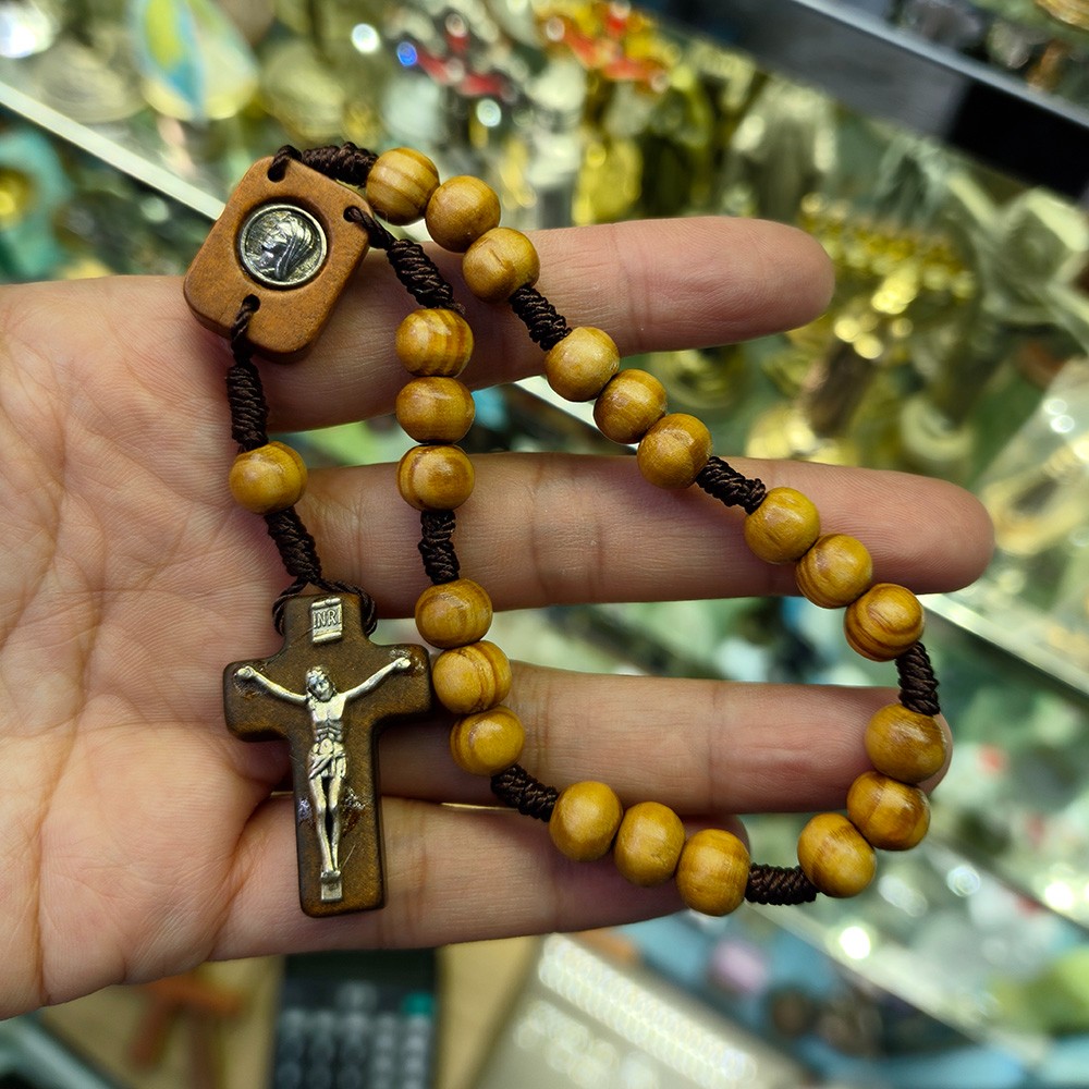 欧美跨境十字架念珠手链diy松木木珠串珠复古编织手串