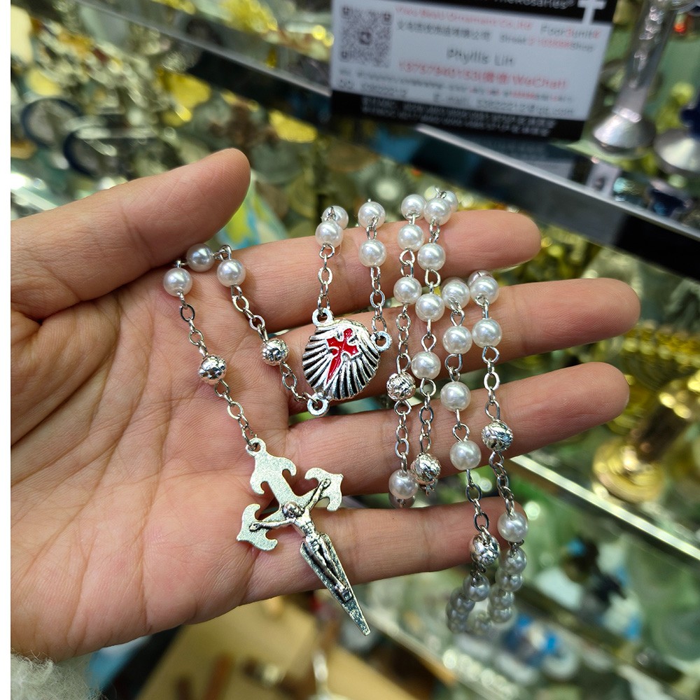 6MM仿珍珠项链复古合金十字吊坠Rosary Beads串珠项链