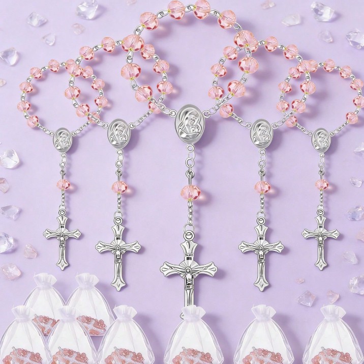 600条订做 6*8MM 粉色水晶玫瑰念珠十字架手链洗礼珠