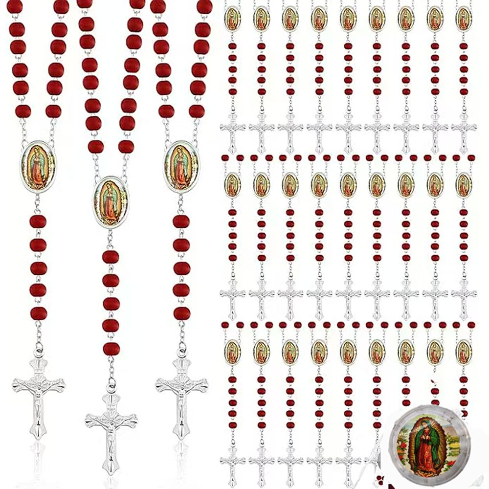 三色玫瑰香味木珠项链瓜德卢佩圣母十字架念珠项链