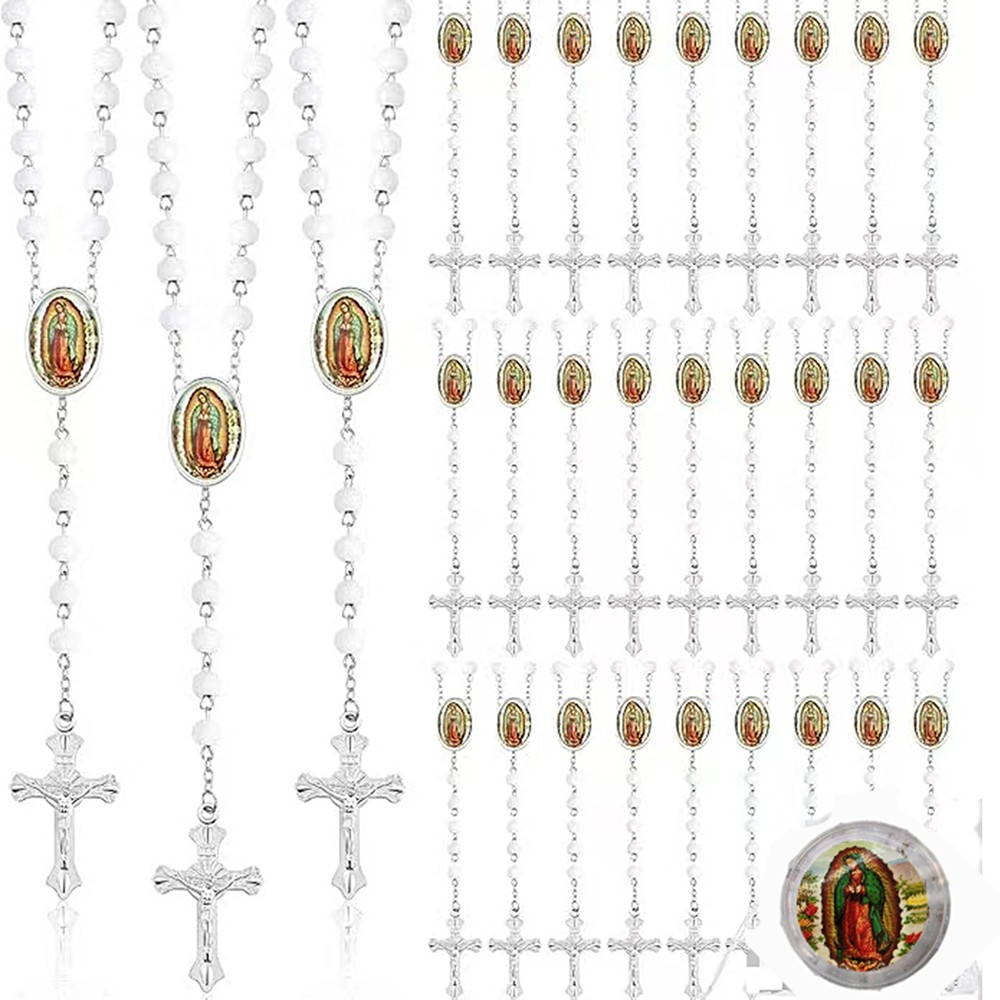 三色玫瑰香味木珠项链瓜德卢佩圣母十字架念珠项链