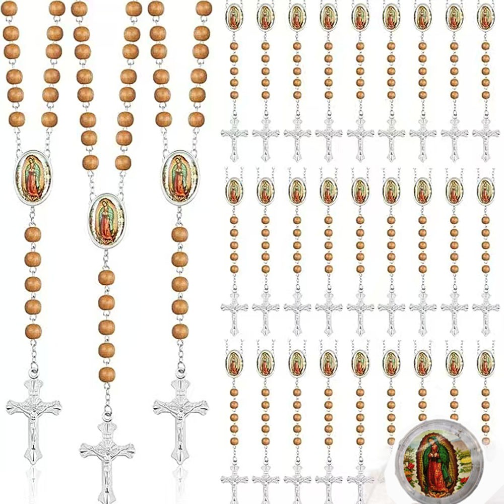 三色玫瑰香味木珠项链瓜德卢佩圣母十字架念珠项链