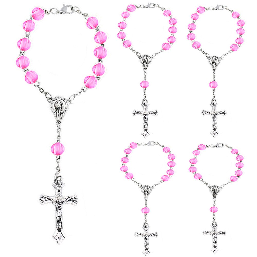 粉色珠中珠玫瑰念珠十字架手链洗礼珠