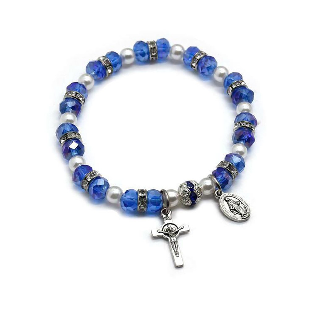 (天蓝）水晶手链十字架圣母手链弹力手环珠子水晶手串女