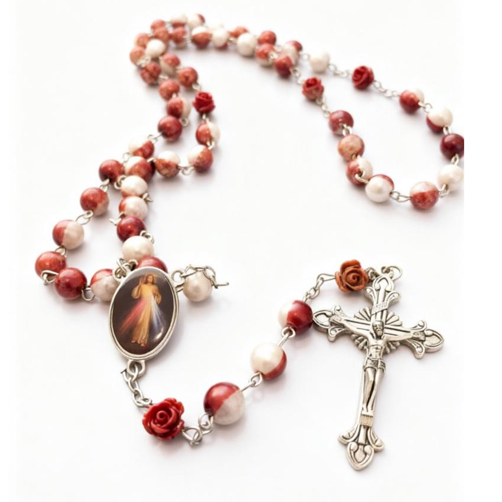 红色半面珍珠十字架念珠项链