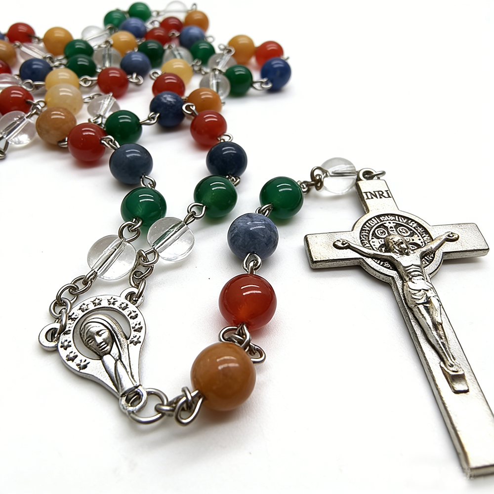 彩色天然石圣本笃十字架念珠项链