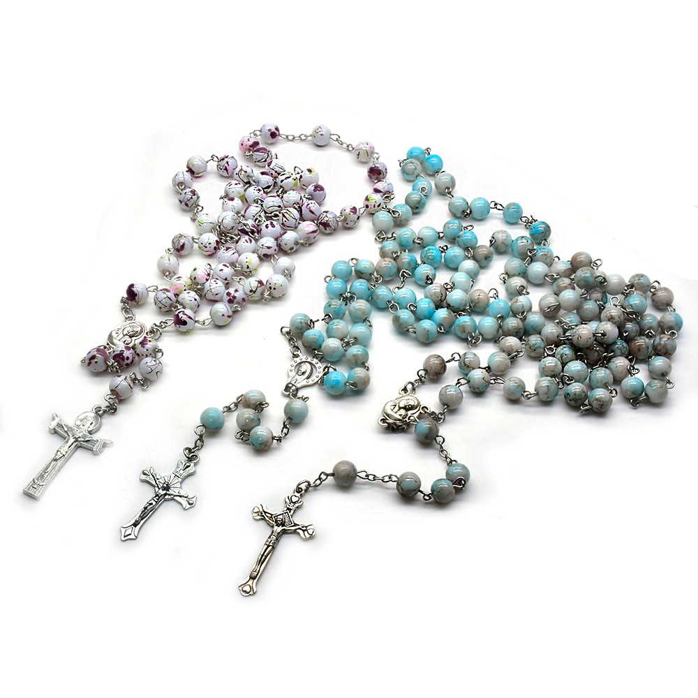 三条一套 条纹珠十字架念珠项链