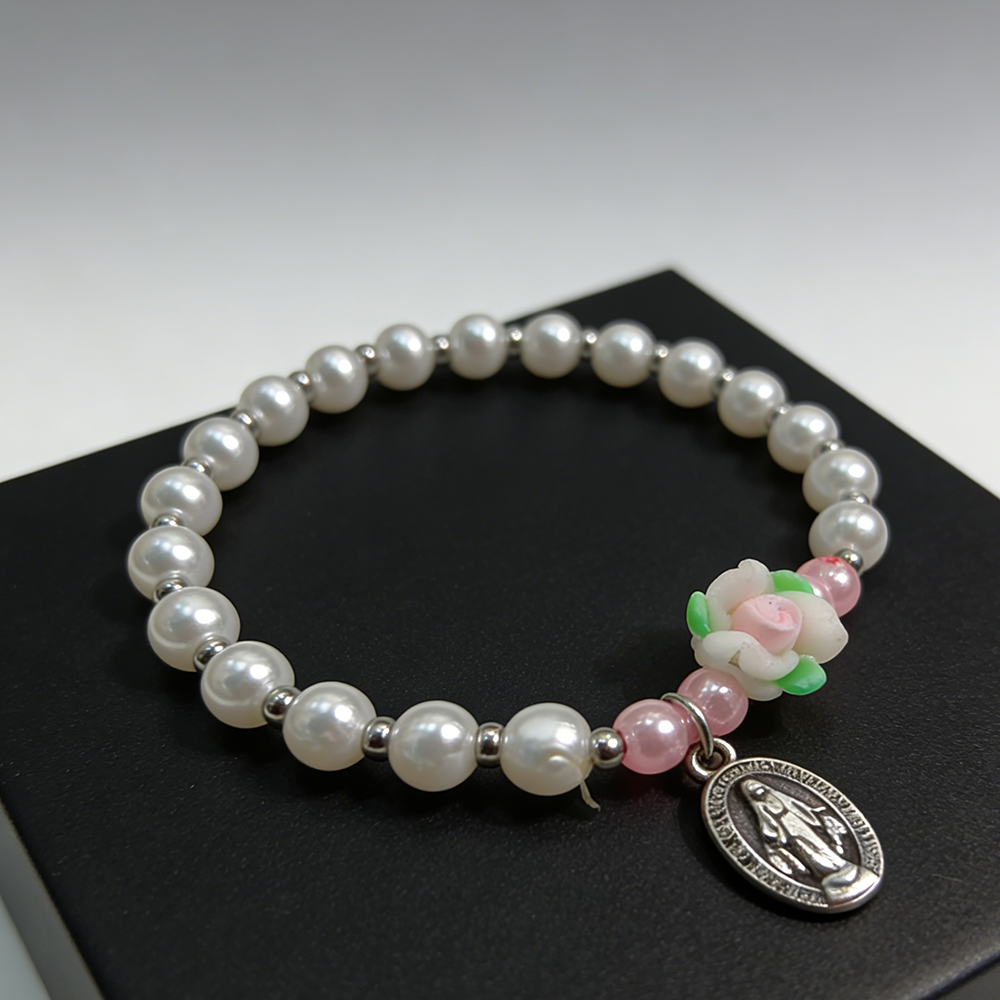 迷你珍珠软陶玫瑰花圣母牌吊坠手链复古小众设计