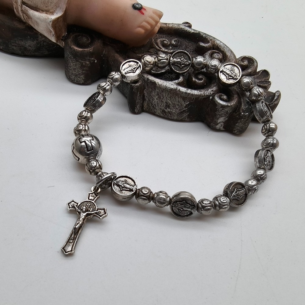 复古弹力绳十字珠十字架手链 男士金属做旧手链