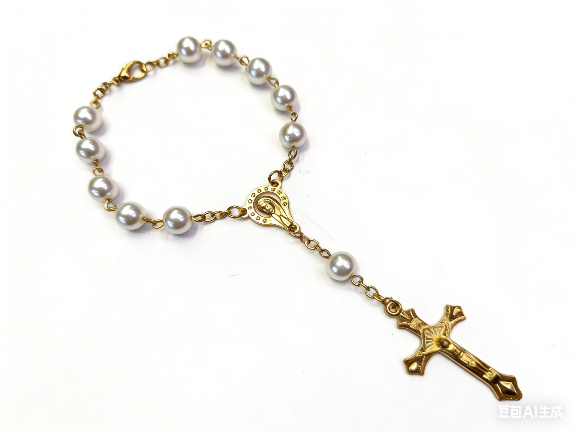 金-珍珠）珍珠念珠手链十字架车挂手串念珠珍珠十字架手链