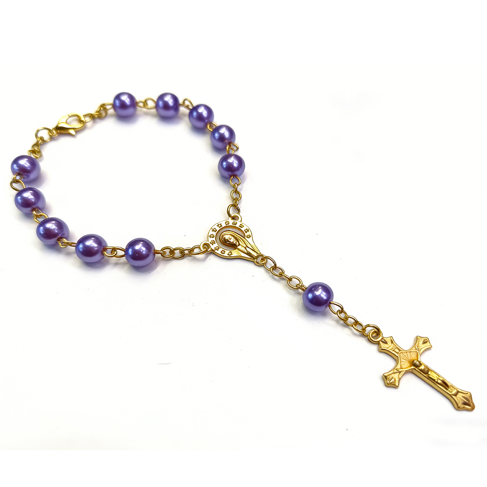 紫色）珍珠念珠手链十字架车挂手串念珠珍珠十字架手链