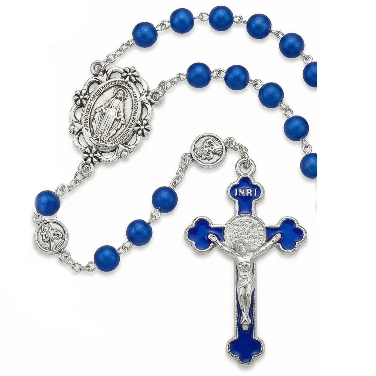 跨境电商圣母宝蓝色念珠项链十字架饰品