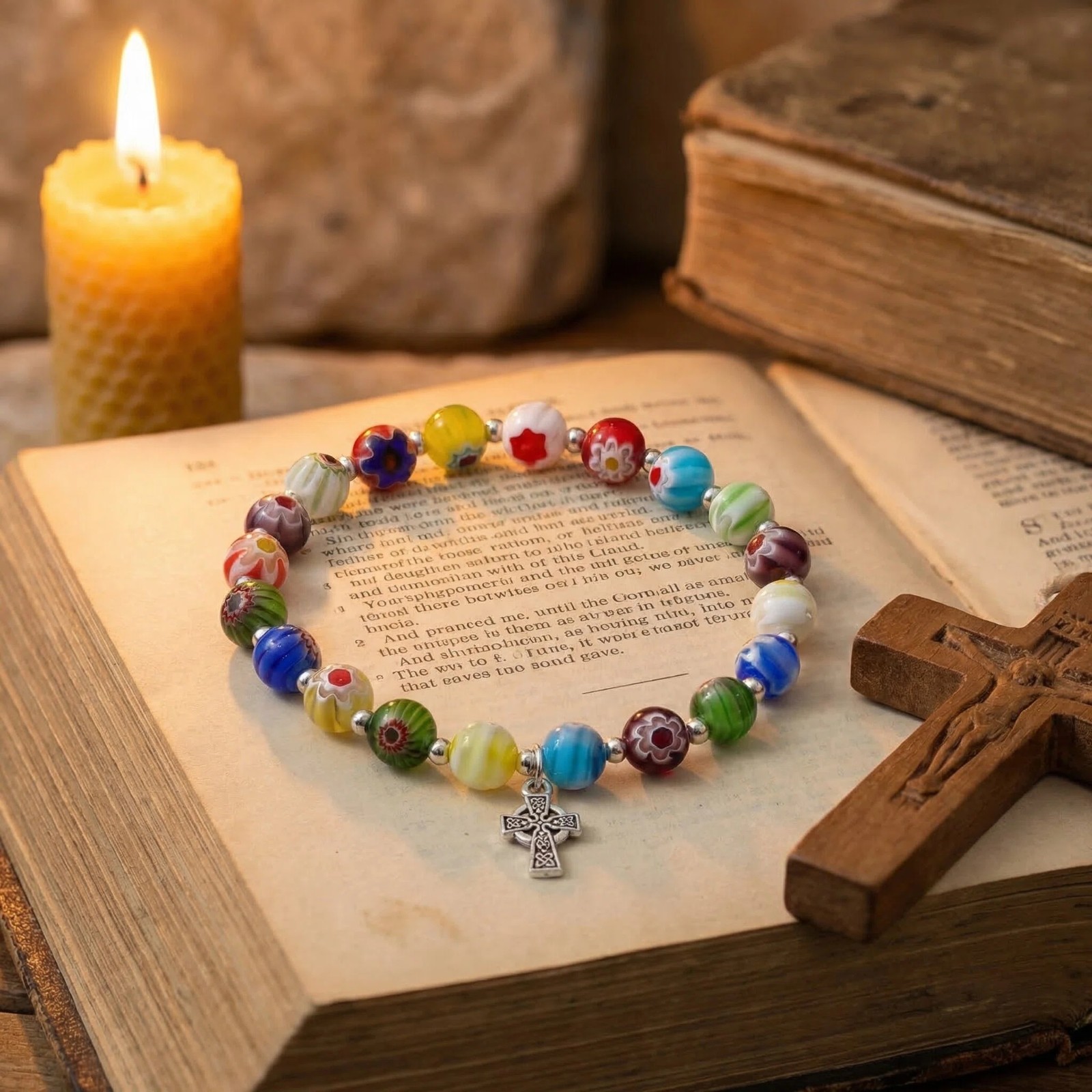 （不带盒）高档千花琉璃珠十字架手链手工弹力绳手串