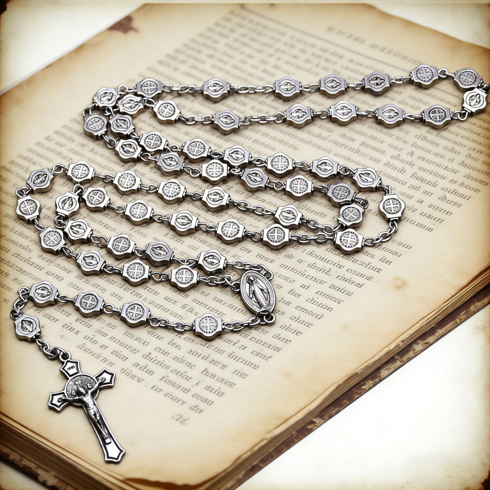  复古银合金金属圣本笃念珠项链十字架项链用品批发跨境外贸