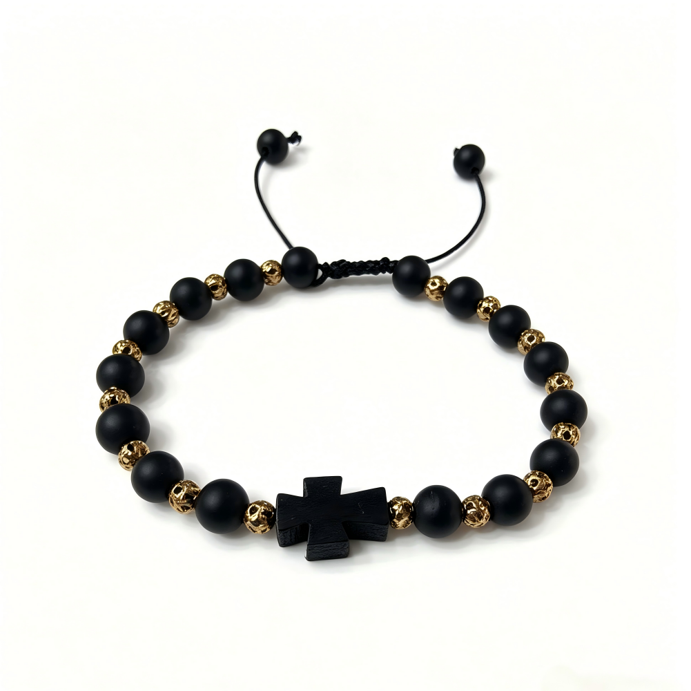经典款黑色磨砂珠配金色铜珠十字架绳抽手链