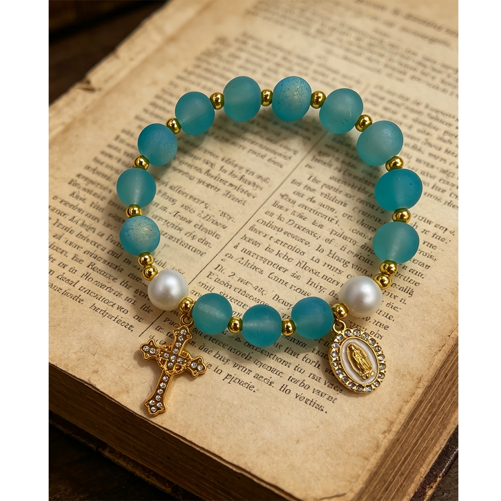 （蓝色）磨砂珠玫瑰经念珠手链 镀金镶钻爱心十字架饰品 洗礼礼物
