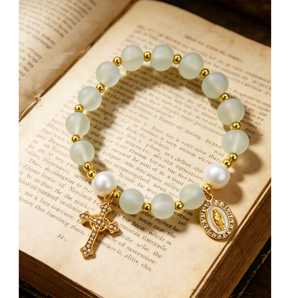 （白色）磨砂珠玫瑰经念珠手链 镀金镶钻爱心十字架饰品 洗礼礼物