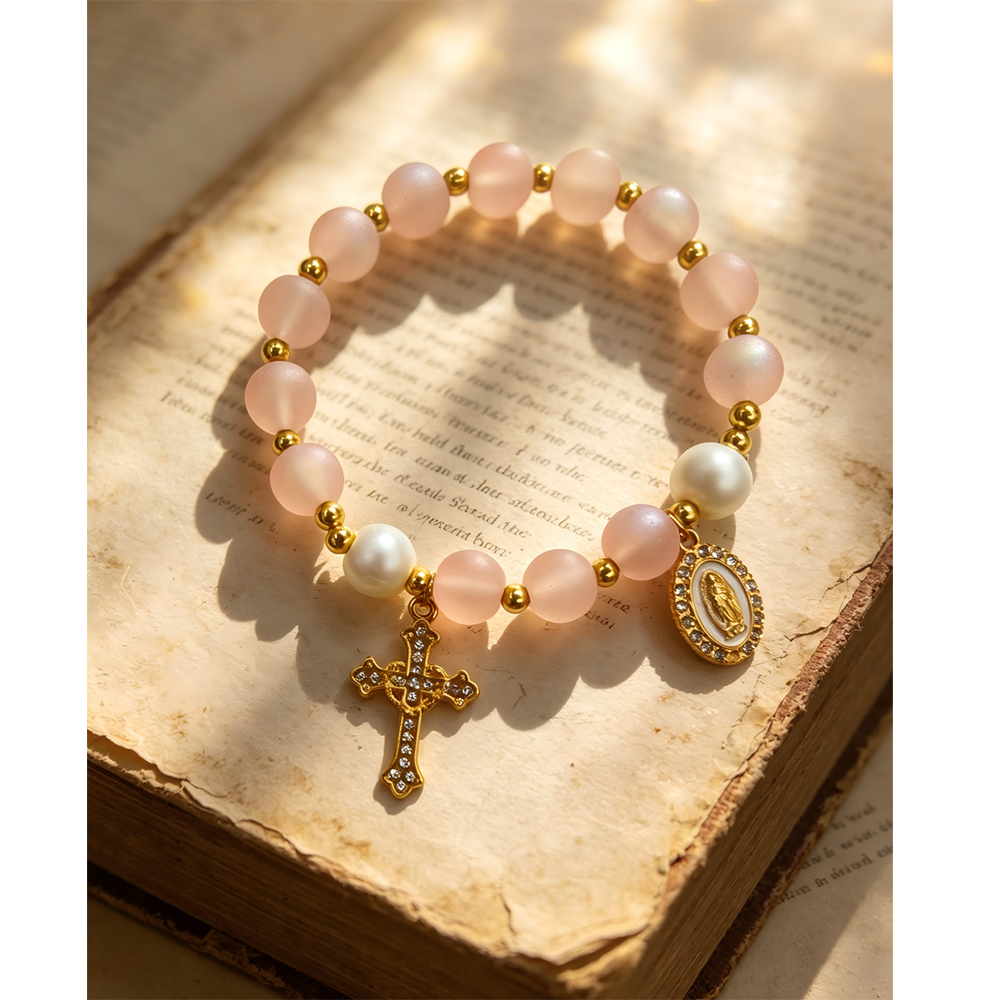（粉色）磨砂珠玫瑰经念珠手链 镀金镶钻爱心十字架饰品 洗礼礼物