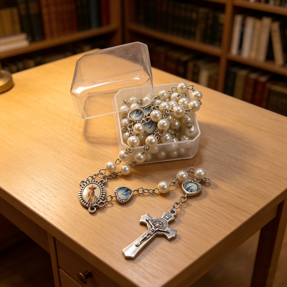 (珍珠色)6mm珍珠+爱心圣母毛衣链念珠项链饰品盒装