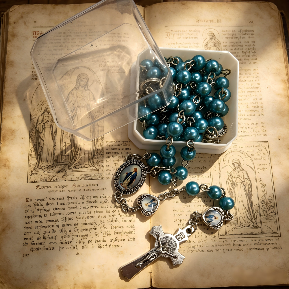 （蓝）6mm珍珠+爱心圣母毛衣链念珠项链饰品盒装