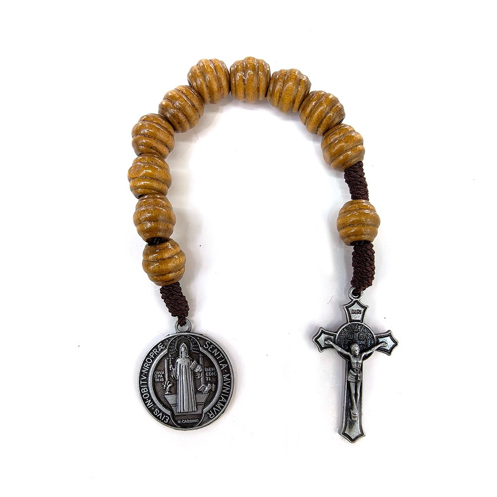 （古锡）One Decade十字架圣本奖章口袋念珠棕色木珠手串