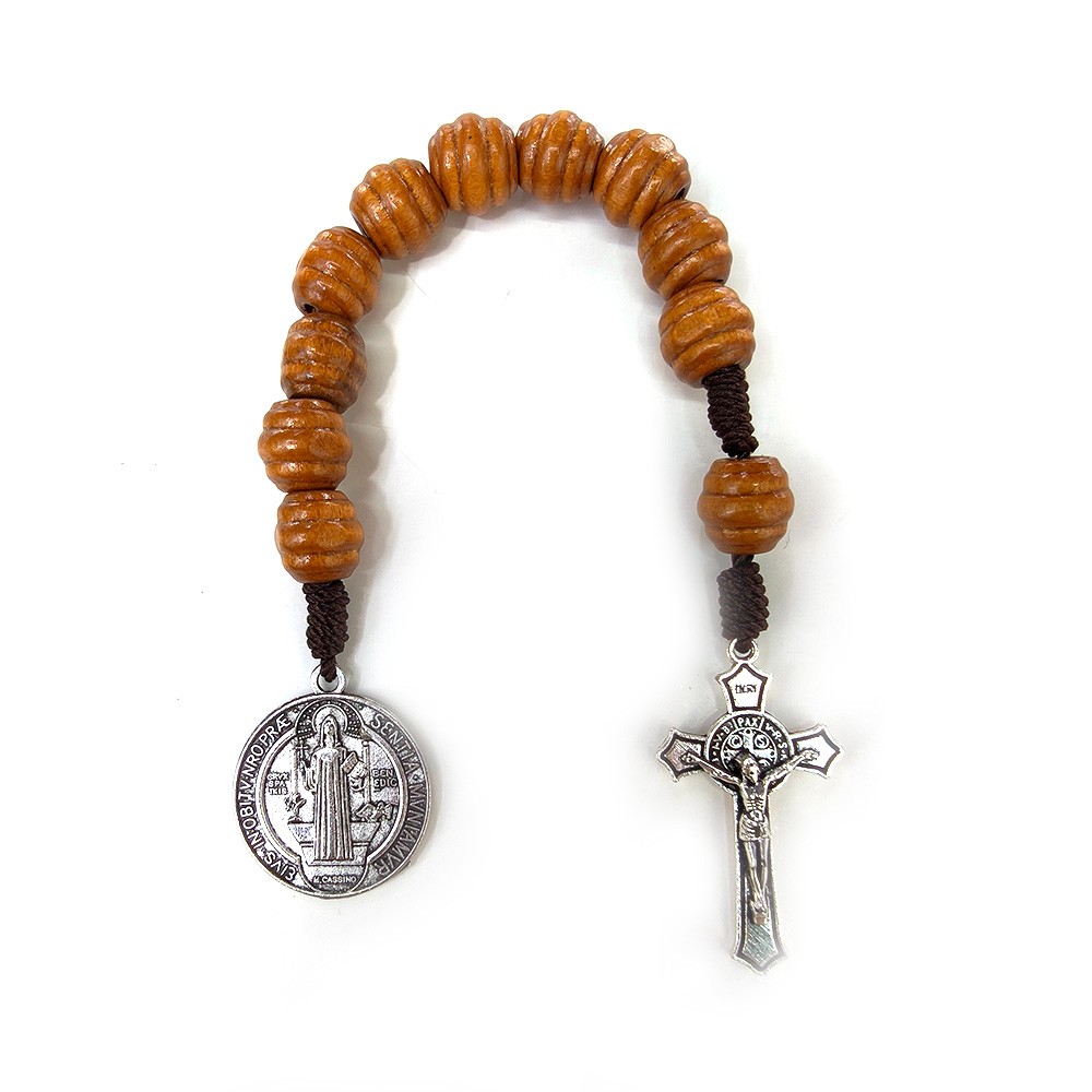 古银）One Decade十字架圣本奖章口袋念珠棕色木珠手串