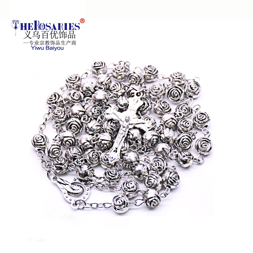 电商外贸出口货源　8MM十字架项链玫瑰珠古银念珠项链 十字架项链