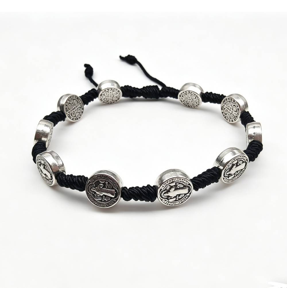 黑色手工绳编十字架圣本笃念珠手链St. Benedict Bracelet